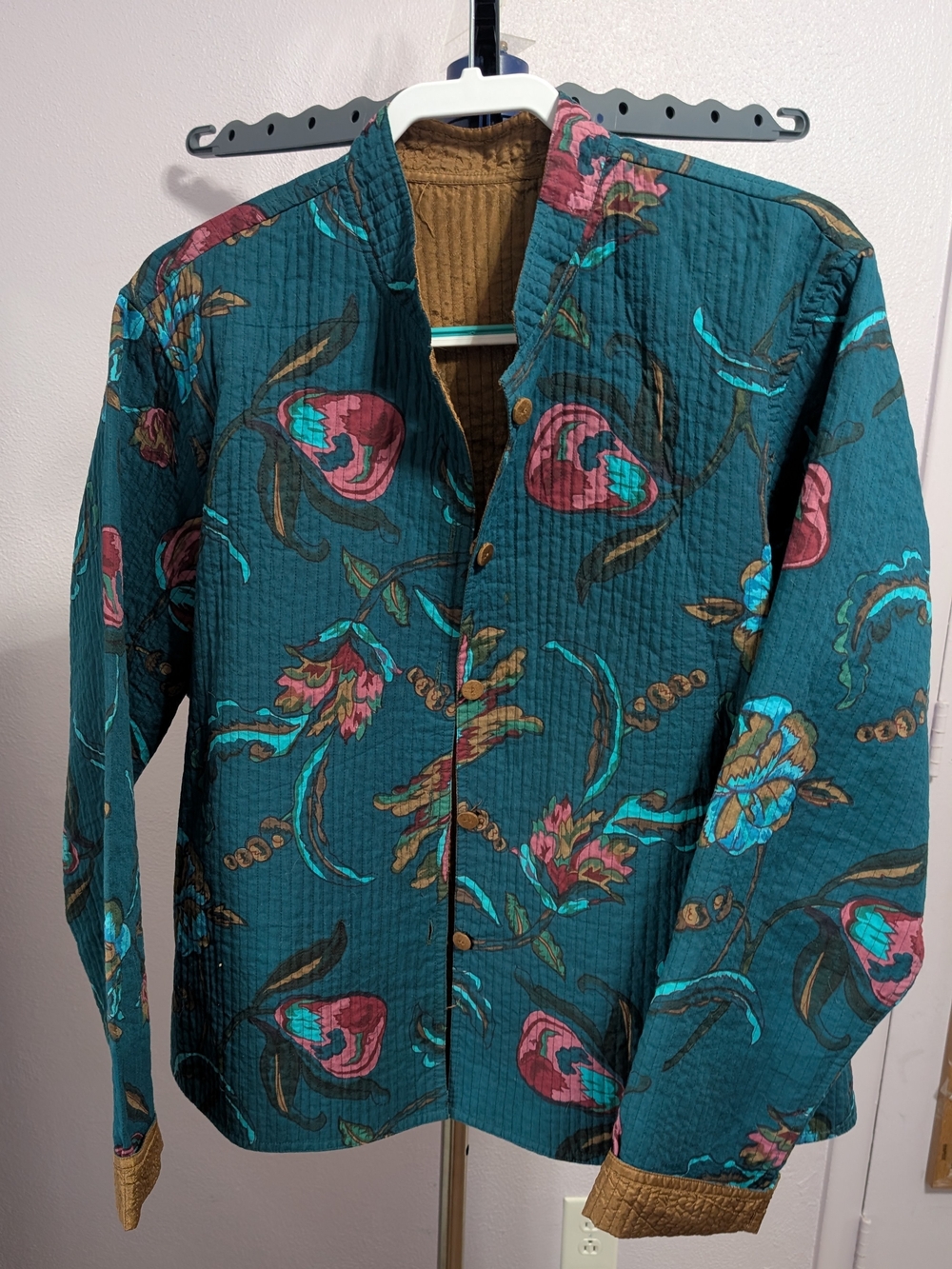 Women's Teal Floral Casual Button-Down Shirt Jacket Reversible